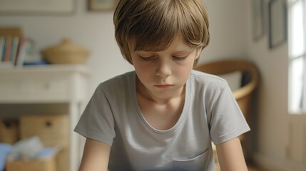 Pensive French Boy Sitting Indoors in a Minimalist Room, Thoughtful Child Model for Educational, Psychological, and Lifestyle Concepts