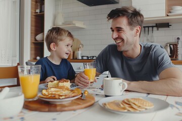 A happy father and son were having breakfast at home.