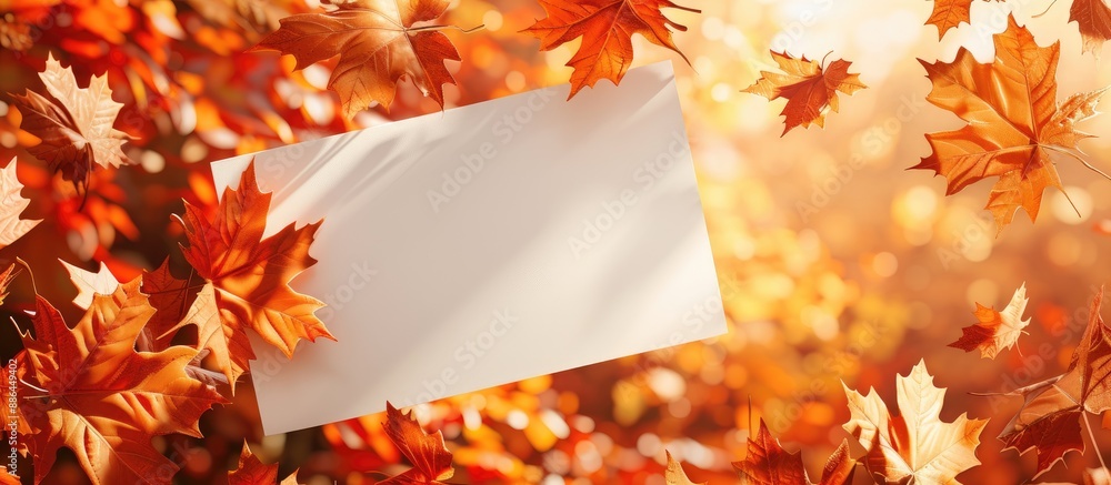 Poster autumn themed notice board featuring a blank note with a copy space image amidst falling leaves