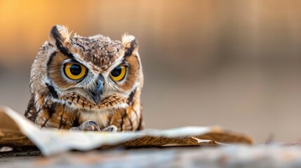 A serious-looking owl stands over a map on the ground with a focused demeanor, surrounded by an autumn background of fallen leaves, resonating wisdom and contemplation.