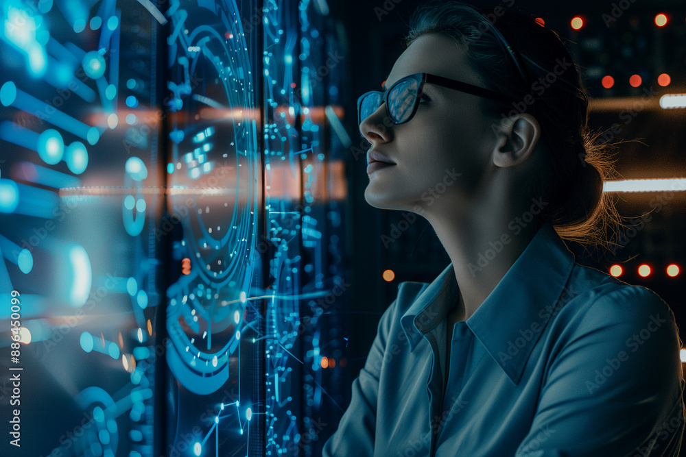 Poster confident female cybersecurity engineer monitoring network systems and cloud infrastructure in a fut