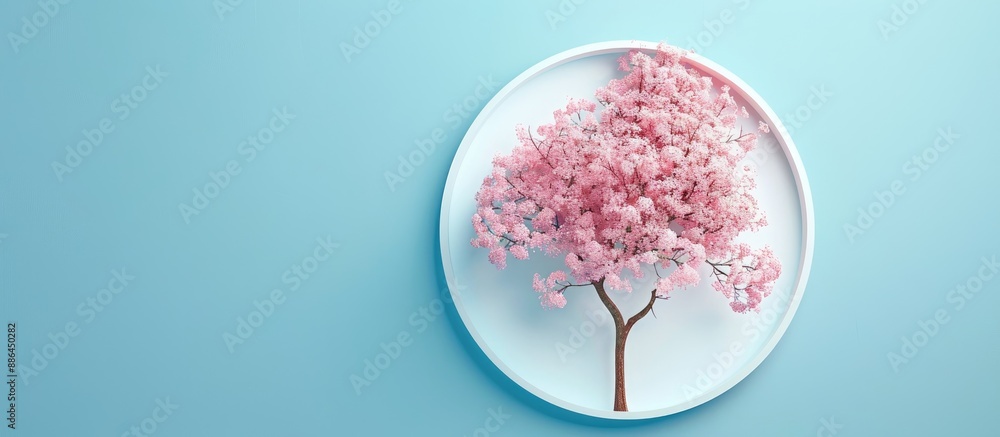 Aufkleber A pink spring tree with white circle provides a creative layout on a blue background for a copy space image in a minimalist nature concept with flat lay paper card