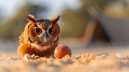 An owl is intensely watching a little ball on a sandy surface, reflecting its keen attention and curiosity in the midst of a scenic outdoor environment.