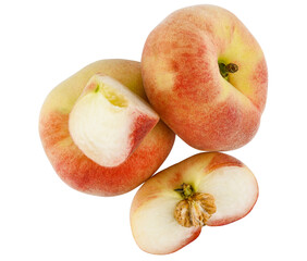 Set Chinese flat peaches isolated on a transparent background. Fig peaches. Top view.
