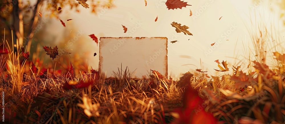 Poster autumn themed notice board featuring a blank note with a copy space image amidst falling leaves