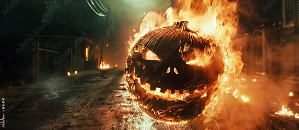 Poster look at the eerie smile of a burning pumpkin head for an unsettling image with copy space