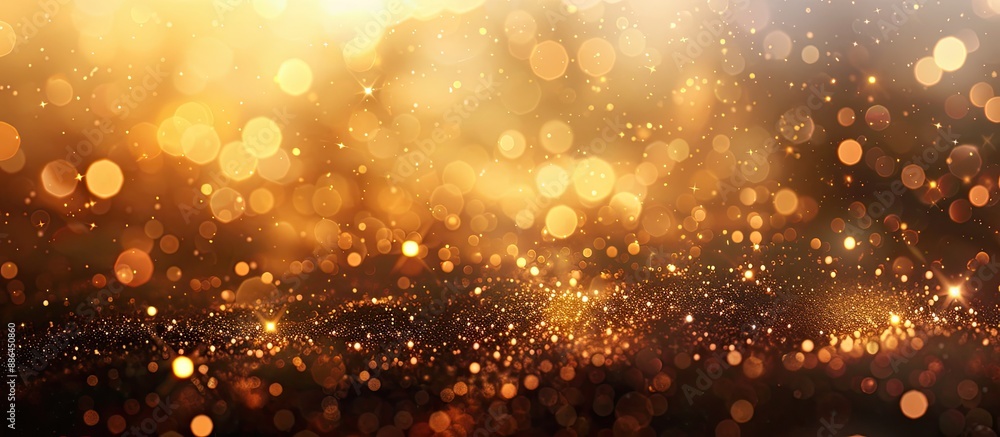 Poster Close up macro shot of blurred golden bokeh background with sparkling defocused elements and glitter dust providing a clear copy space image