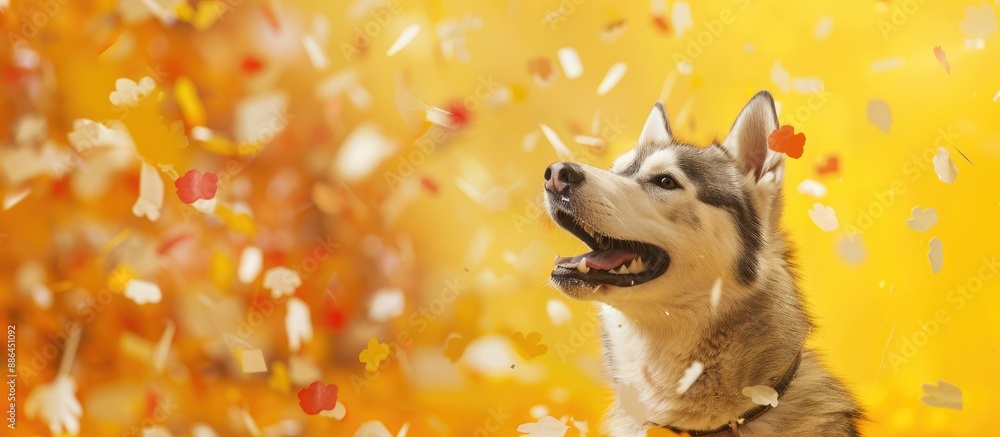 Aufkleber A humorous and sarcastic Siberian husky dog on a yellow background surrounded by confetti with a range of emotions creating a unique and lively copy space image