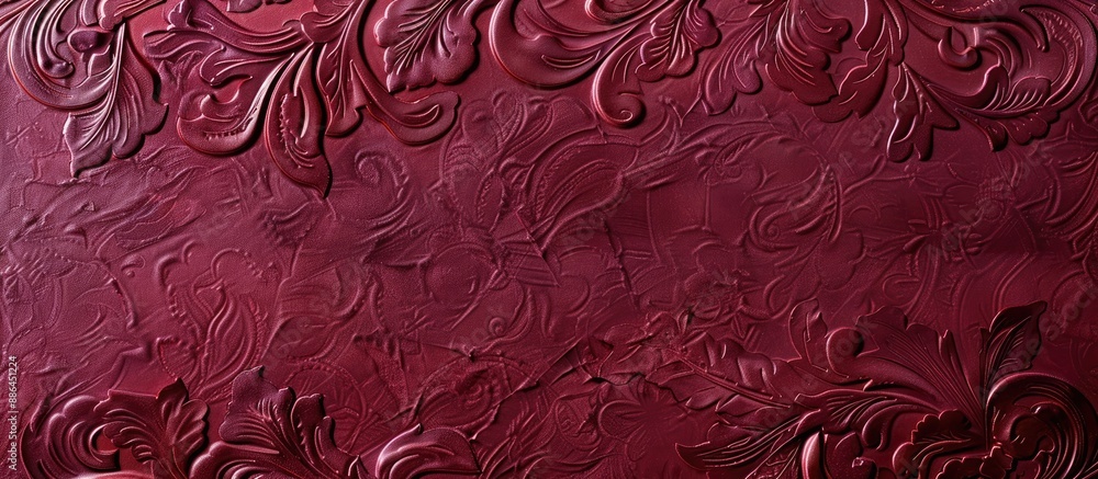 Poster Texture of a sheet of paper in a burgundy hue with decorative embossed patterns suitable for featuring designs with a blank space for images. with copy space image. Place for adding text or design
