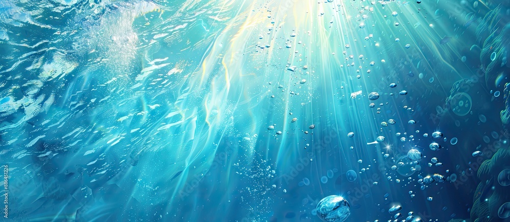 Aufkleber product presentation complemented by underwater background featuring sunlight caustics bubbles and c
