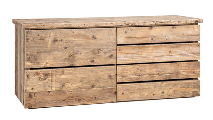mobile chest of drawers with recycled raw wood planks with six drawers. Isolated white background