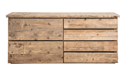 mobile chest of drawers with recycled raw wood planks with six drawers. Isolated white background