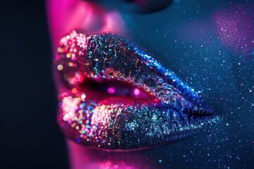 Close up of lips front view portrait of beautiful woman with colorful glitter makeup on the face in neon light.