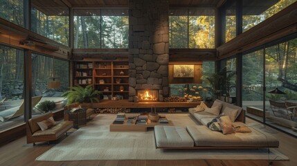 Fototapeta premium cozy fireplace ambiance, burning logs crackle in the fireplace, filling the room with a cozy aroma of cedar and eucalyptus, creating a peaceful ambiance