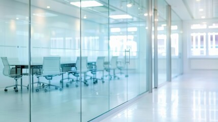 Stylish and airy office space with large windows, glass walls, and green plants creating a modern work environment.