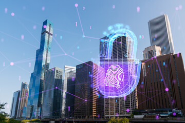 A holographic fingerprint overlay on a cityscape of skyscrapers, representing security and technology in an urban setting. Double exposure