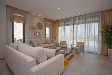 Interior design of luxury apartment living room with patio
