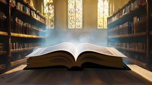 A magical book in a library with magical creatures