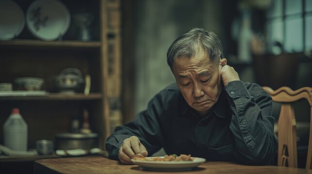 Solitary Reflection of a Korean Middleaged Man Dining Alone in a Traditional Setting Nostalgic Ambient Lighting and Thoughtful Expression for Stock Use - Powered by Adobe