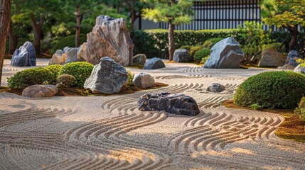zen garden design, delicate banner displays a zen rock garden with carefully positioned stones and patterns, prompting viewers to embrace simplicity for inner peace