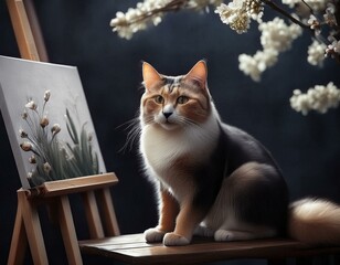 nice fluffy red and white cat sit near easel on wooden table on dark background and branches of white flowers