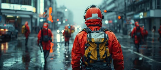 Obraz premium Rainy Day Response: A lone worker in red prepares for action