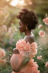 Naklejka premium Beautiful black woman pregnant in garden background.
