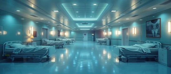 Obraz premium Empty Hospital Corridor with Rows of Hospital Beds