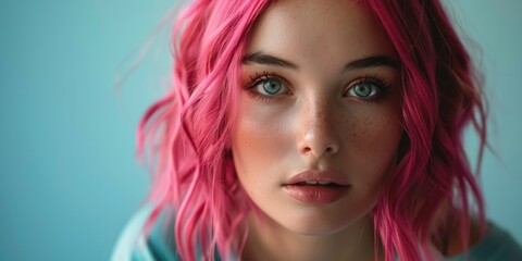 Fototapeta premium A close-up shot of a person with bright pink hair, focused on their facial features