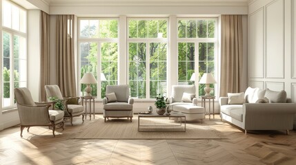 Fototapeta premium Modern villa living room design interior, beige furniture, bright walls, hardwood floor, sofa, (3)