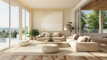 Fototapeta premium Modern villa living room design interior, beige furniture, bright walls, sofa, armchair with lamp