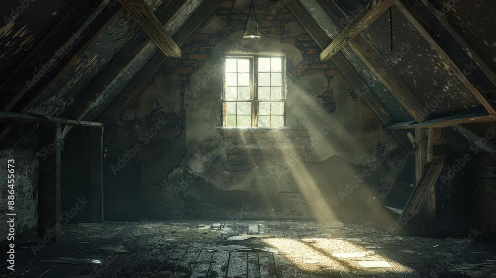 Poster a dark, empty attic with a window that lets in sunlight