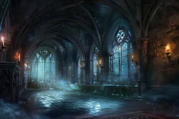 Obraz premium An empty gothic castle, with stone floors, towering arches, flickering torches on the walls, and moonlight streaming through stained glass windows.