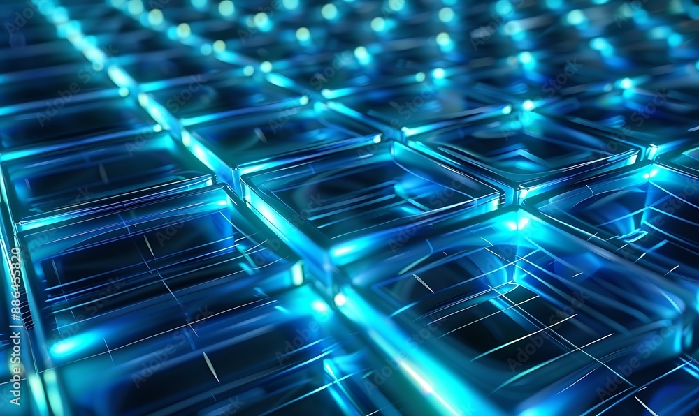 Poster futuristic glowing cyan light grid in the form of square tiles abstract background, generative ai