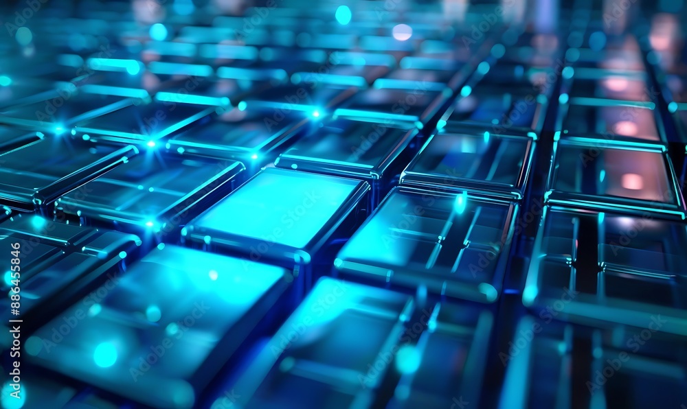 Poster futuristic glowing cyan light grid in the form of square tiles abstract background, generative ai
