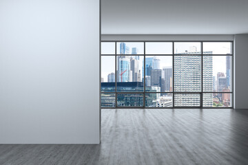 Downtown Philadelphia City Skyline Buildings from High Rise Window. Beautiful Expensive Real Estate overlooking. Empty room Interior. Mockup wall. Skyscrapers Cityscape. Day. Penn. 3d rendering.