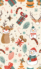 Fototapeta premium 2D illustrated New Year card in a cute graphic style seamless pattern.