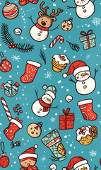 2D illustrated New Year card in a cute graphic style seamless pattern.