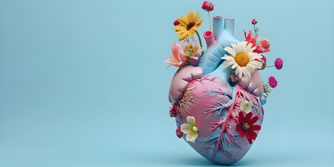 World Heart Day concept featuring an anatomical heart adorned with pastel floral design. Concept Anatomical Heart, Floral Design, Pastel Colors, World Heart Day, Health Awareness