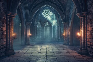 Fototapeta premium An empty gothic castle, with stone floors, towering arches, flickering torches on the walls, and moonlight streaming through stained glass windows.