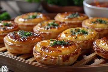 China: Egg Tart Small, golden tarts with a flaky crust and a smooth, yellow custard center, served in a bamboo steamer basket