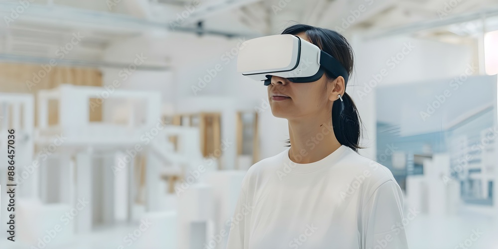 Poster architect designing a building in a modern art studio using vr glasses. concept architecture, buildi