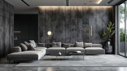Modern villa living room design interior, gray furniture, dark walls, armchair with lamp (1)