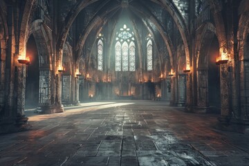 Fototapeta premium An empty gothic castle, with stone floors, towering arches, flickering torches on the walls, and moonlight streaming through stained glass windows.