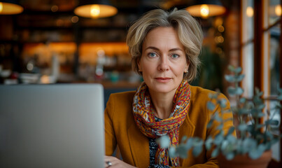 Obraz premium a poised middle-aged female executive utilizing a computer with expertise, exemplifying professional prowess and digital proficiency in a modern work environment.