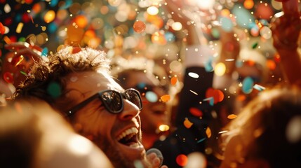 Brightly colored confetti rains down on an exuberant crowd at a lively celebration, capturing the joy and energy of the moment with people cheering on the background.