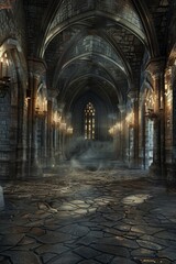 An empty gothic castle, with stone floors, towering arches, flickering torches on the walls, and moonlight streaming through stained glass windows.