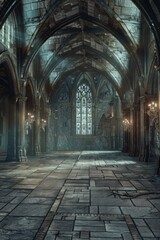 An empty gothic castle, with stone floors, towering arches, flickering torches on the walls, and moonlight streaming through stained glass windows.