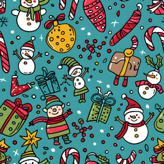 Fototapeta premium 2D illustrated New Year card in a cute graphic style seamless pattern.