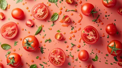 Fresh Tomatoes and Herbs on Pink Background